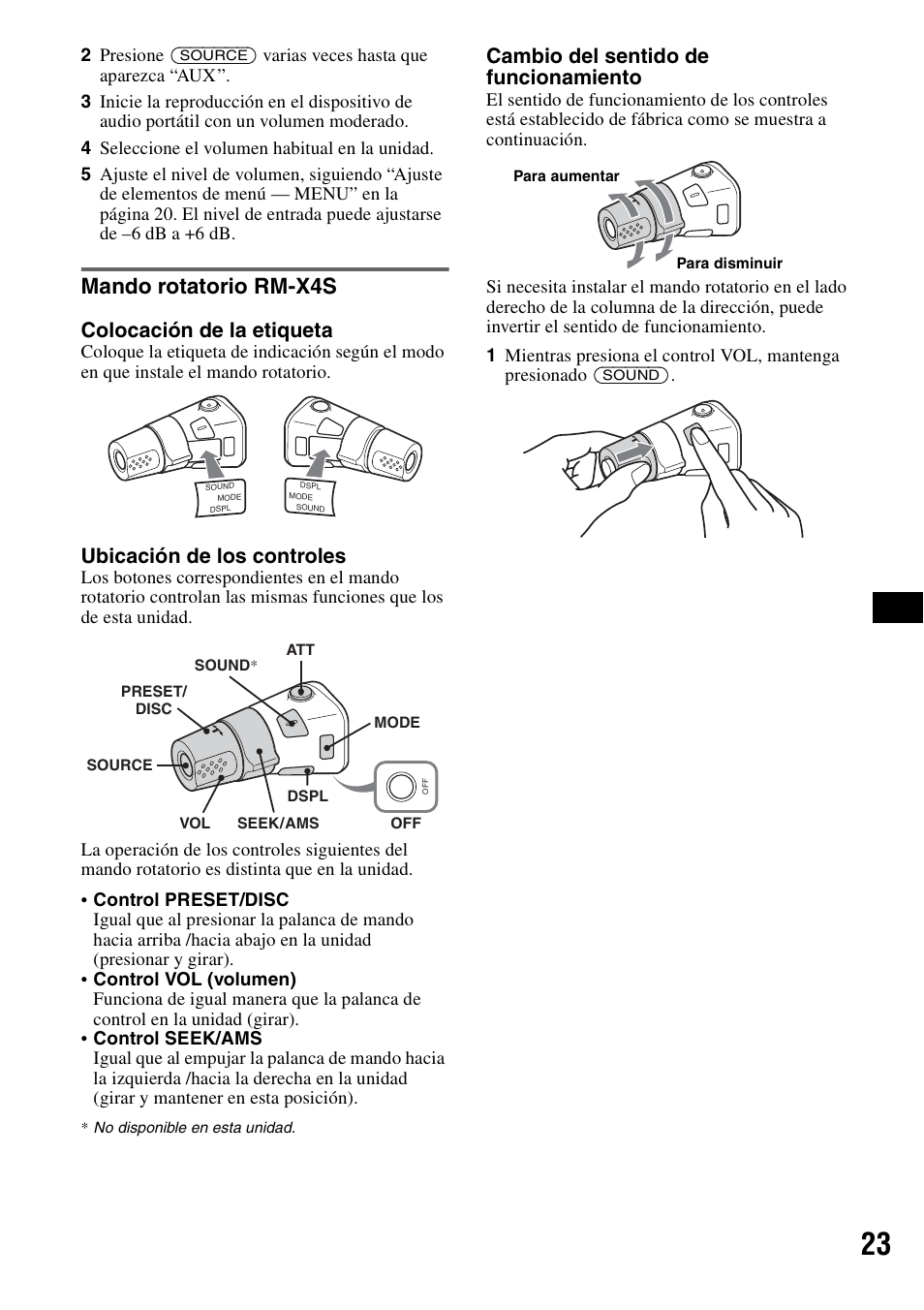 Mando rotatorio rm-x4s, Colocación de la etiqueta, Ubicación de los controles | Cambio del sentido de funcionamiento | Sony MEX-BT5100 User Manual | Page 83 / 96