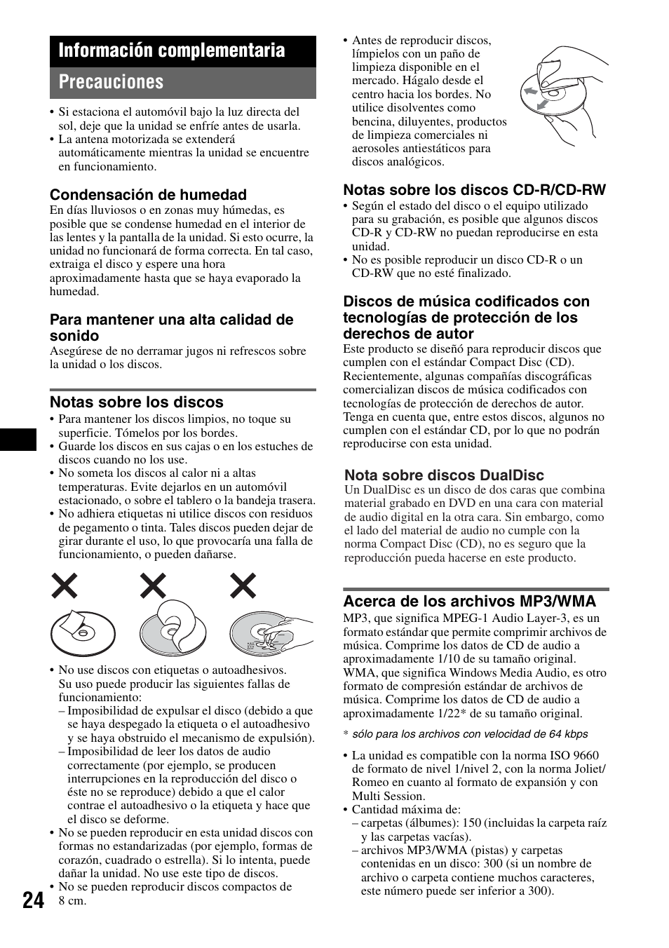 Información complementaria, Precauciones, Notas sobre los discos | Acerca de los archivos mp3/wma, Información complementaria precauciones | Sony MEX-BT5100 User Manual | Page 84 / 96