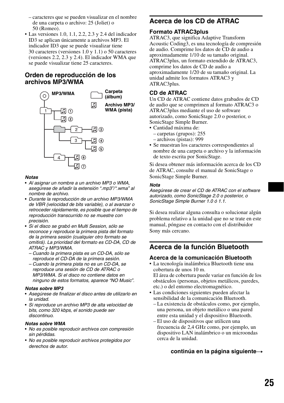 Acerca de los cd de atrac, Acerca de la función bluetooth, Orden de reproducción de los archivos mp3/wma | Sony MEX-BT5100 User Manual | Page 85 / 96