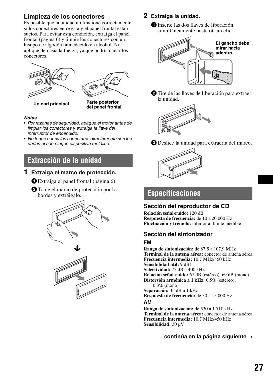 Extracción de la unidad, Especificaciones, Extracción de la unidad especificaciones | Sony MEX-BT5100 User Manual | Page 87 / 96