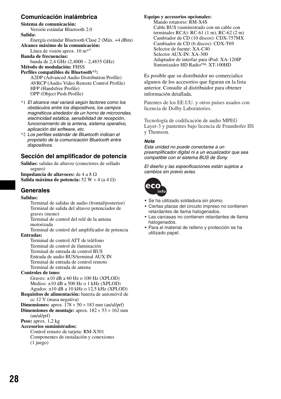 Comunicación inalámbrica, Sección del amplificador de potencia, Generales | Sony MEX-BT5100 User Manual | Page 88 / 96