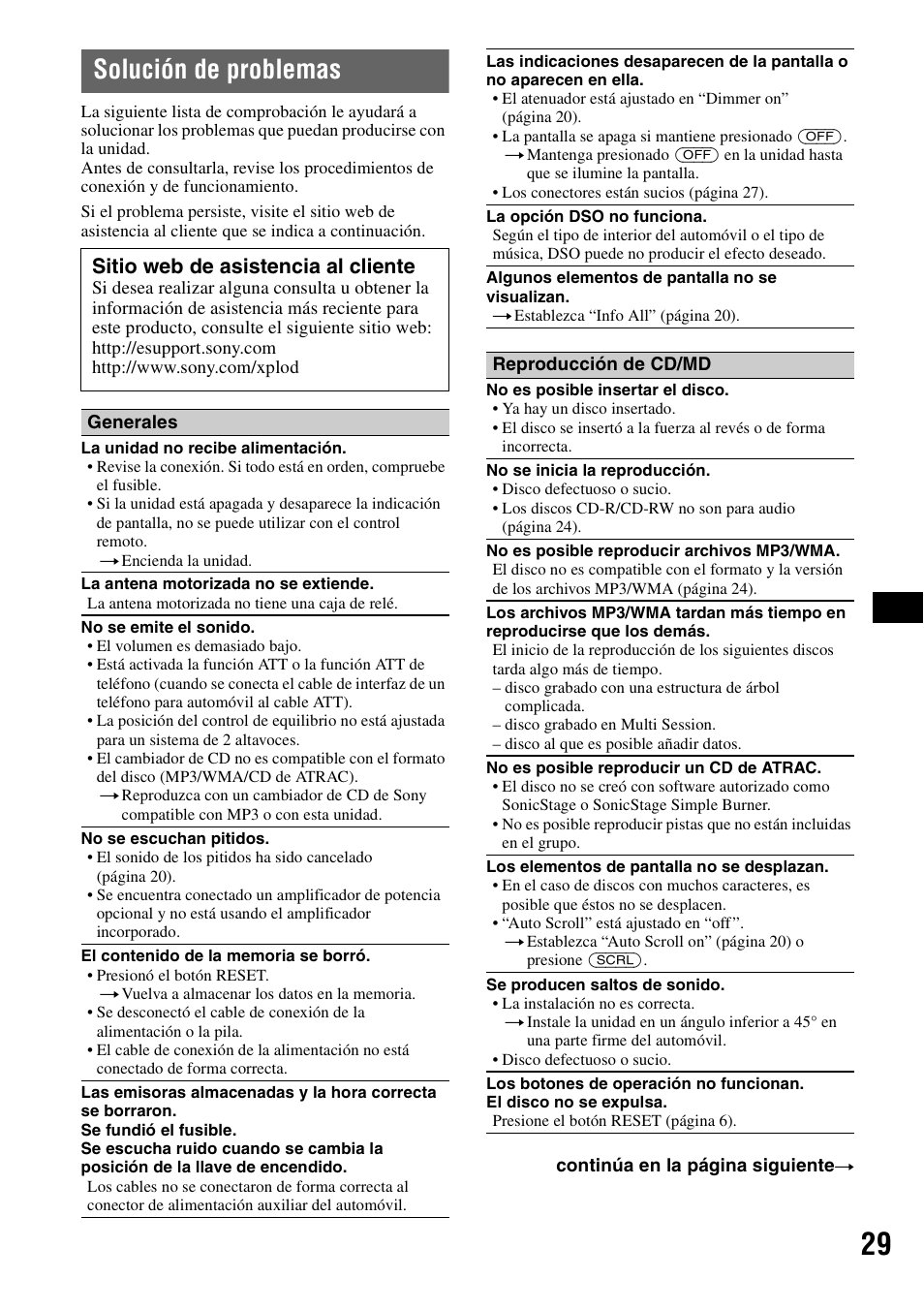 Solución de problemas, Sitio web de asistencia al cliente | Sony MEX-BT5100 User Manual | Page 89 / 96