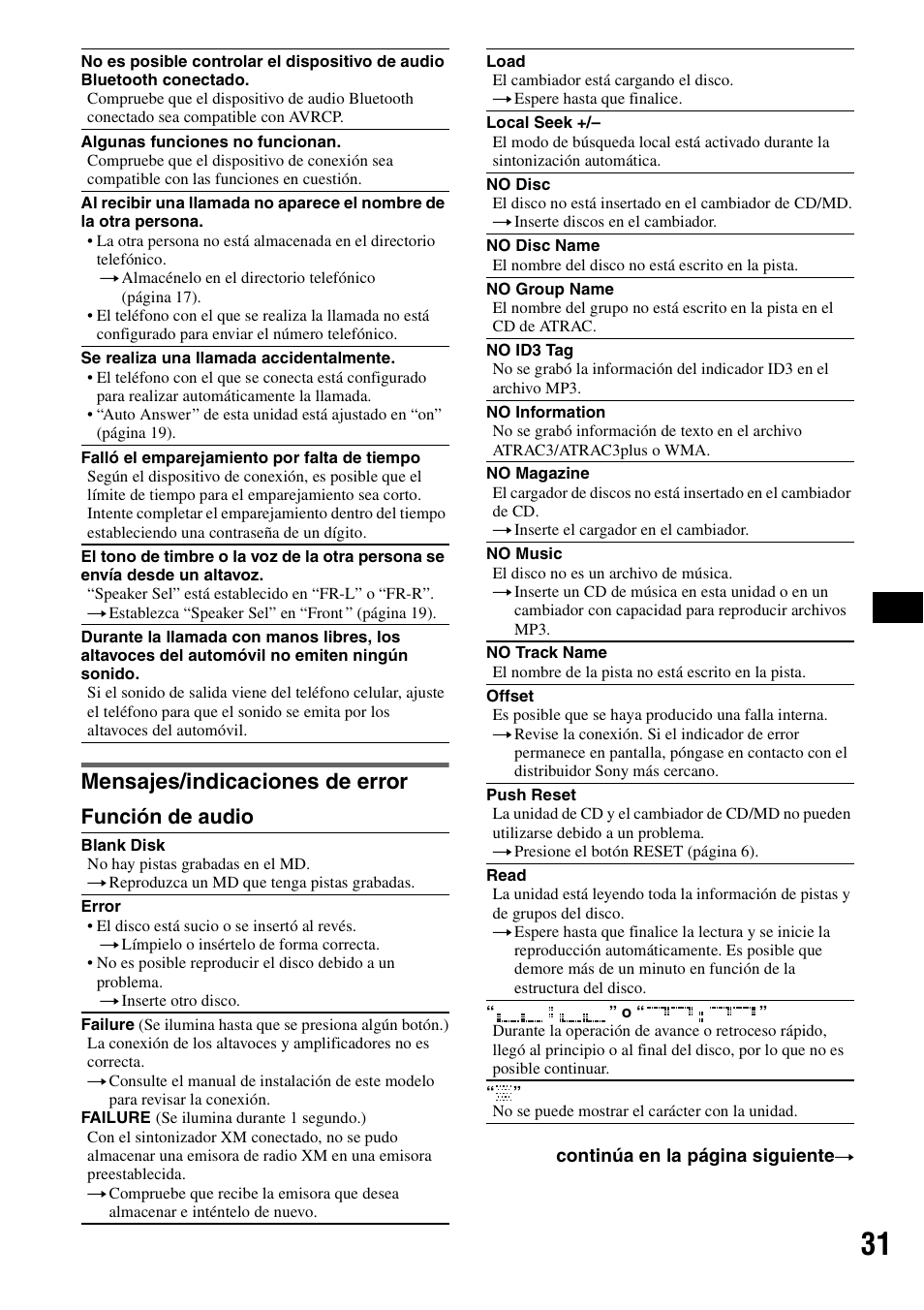 Mensajes/indicaciones de error, Función de audio | Sony MEX-BT5100 User Manual | Page 91 / 96