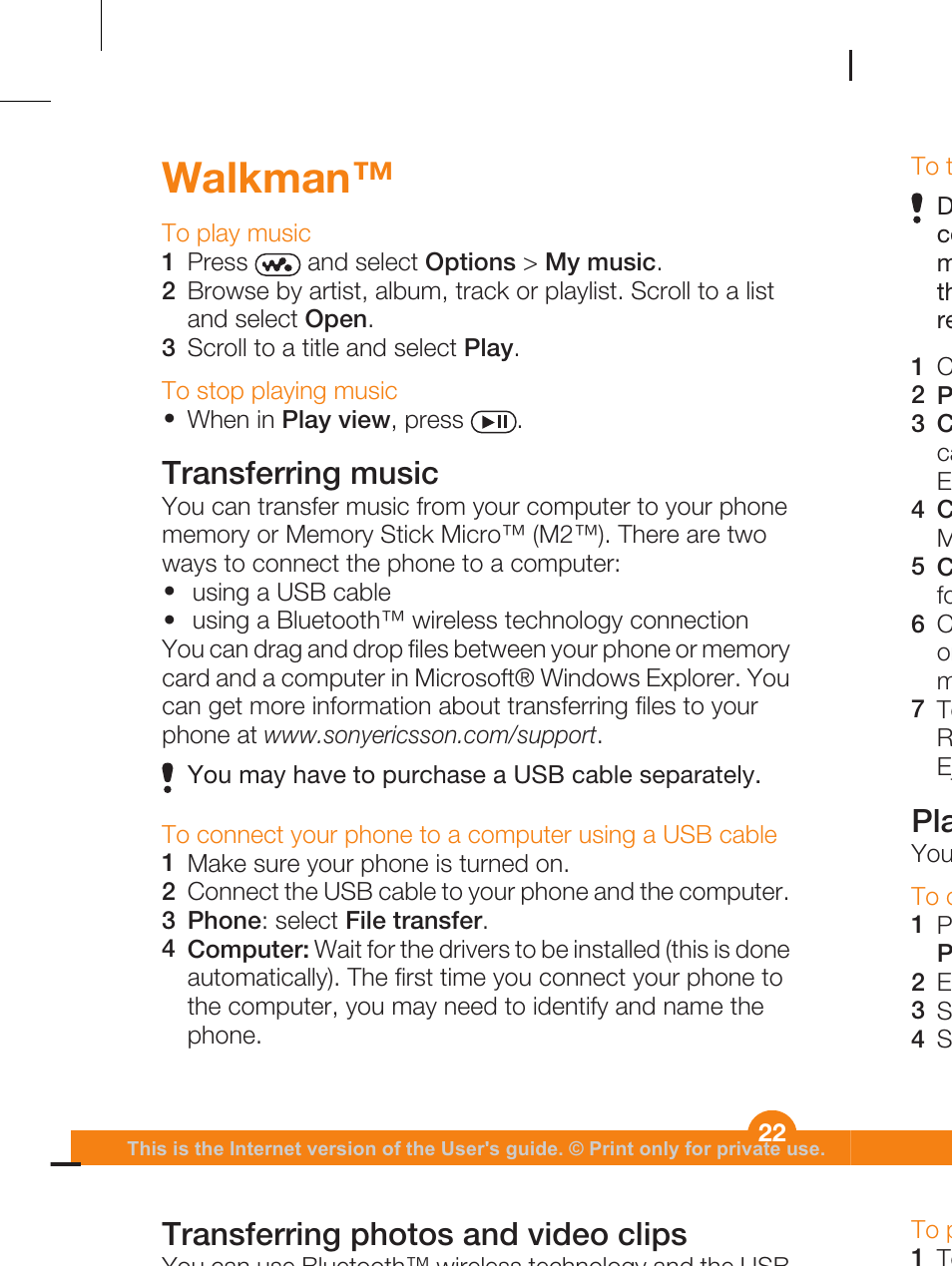 Walkman, Transferring music, Playlists | Transferring photos and video clips | Sony Ericsson WALKMAN W205 User Manual | Page 22 / 39