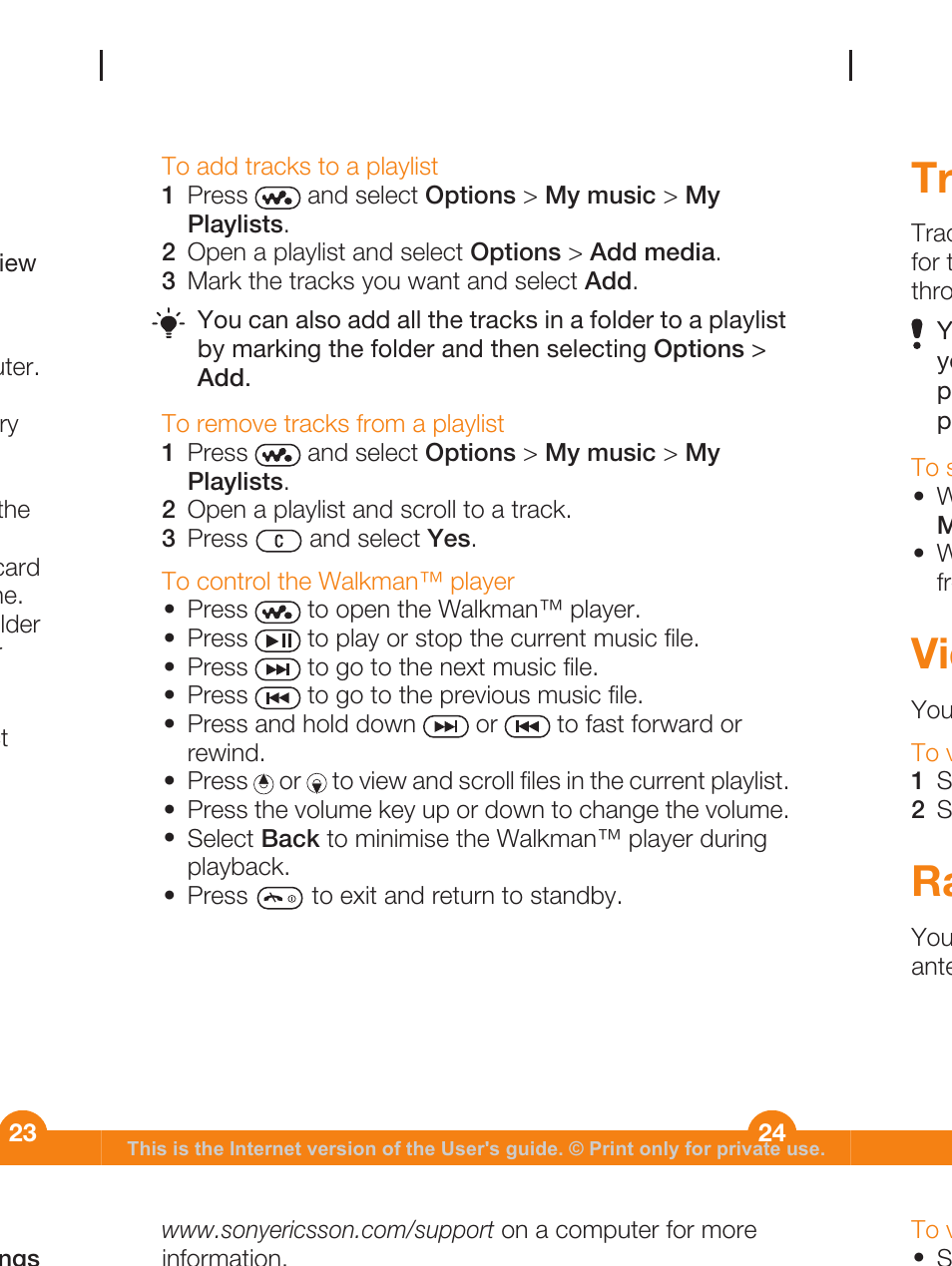 Trackid, Video player, Radio | Sony Ericsson WALKMAN W205 User Manual | Page 24 / 39