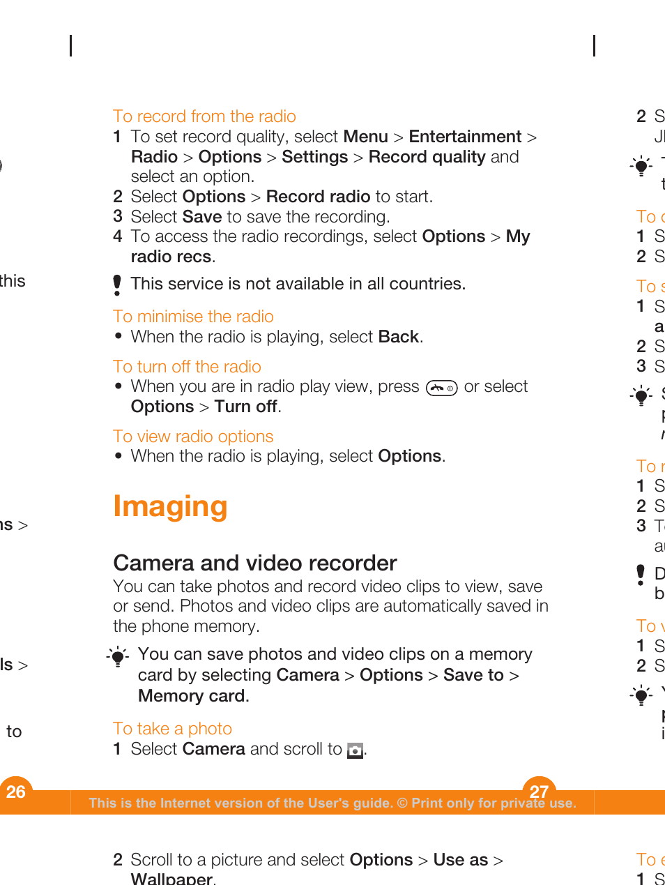 Imaging, Camera and video recorder | Sony Ericsson WALKMAN W205 User Manual | Page 27 / 39