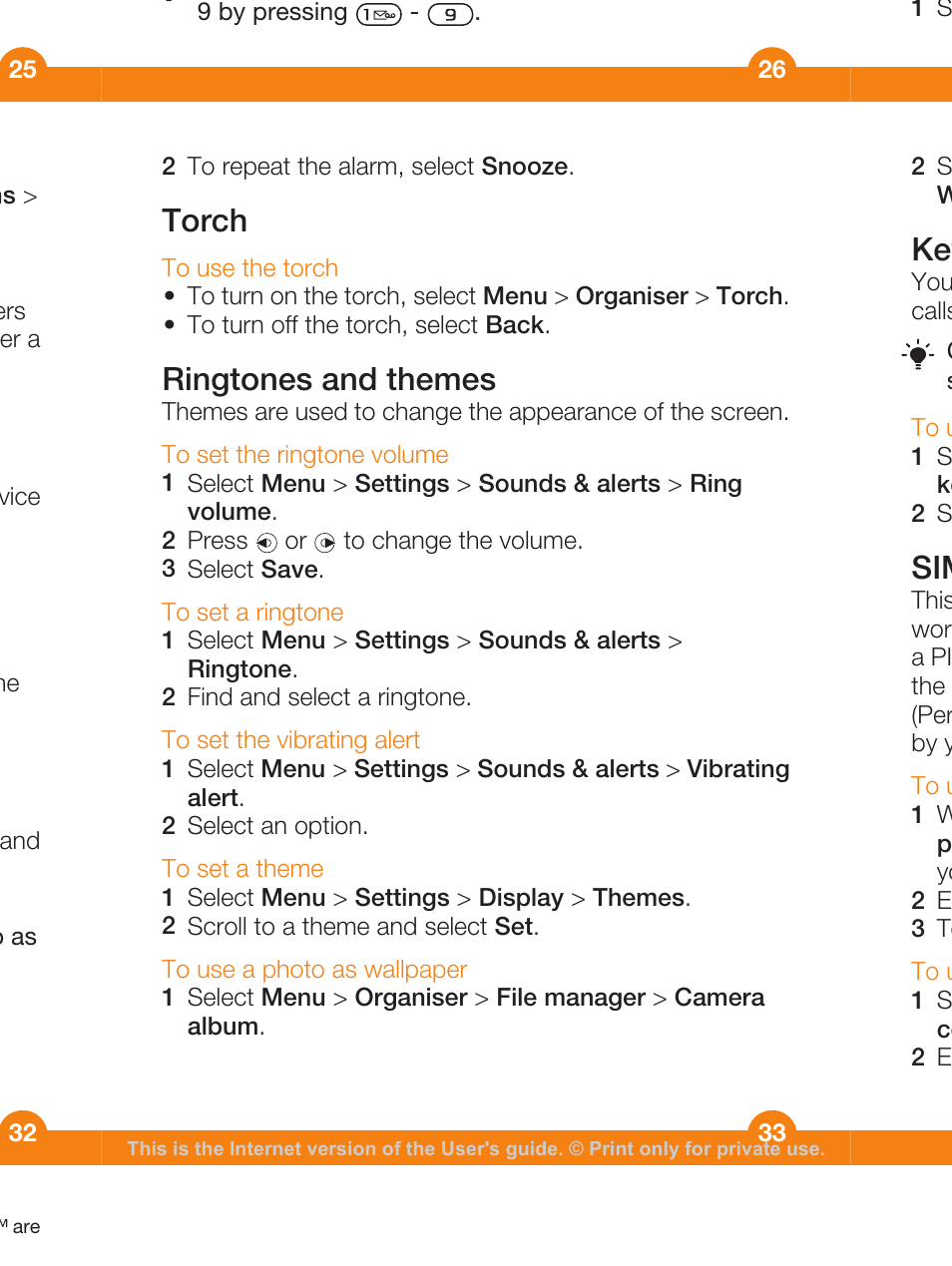 Keypad lock, Sim card lock, Torch | Ringtones and themes | Sony Ericsson WALKMAN W205 User Manual | Page 33 / 39
