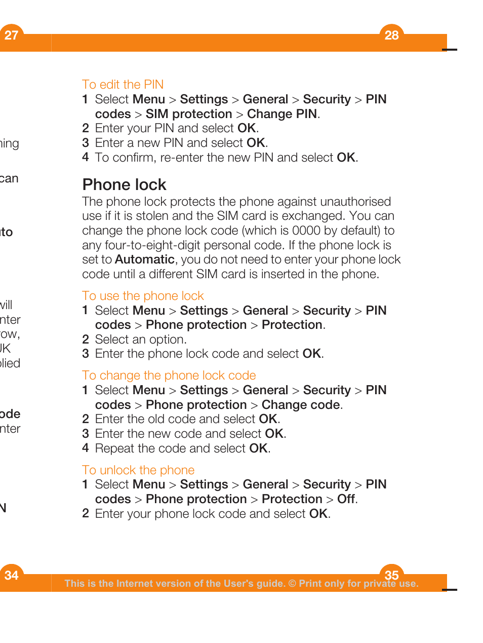 Phone lock | Sony Ericsson WALKMAN W205 User Manual | Page 35 / 39