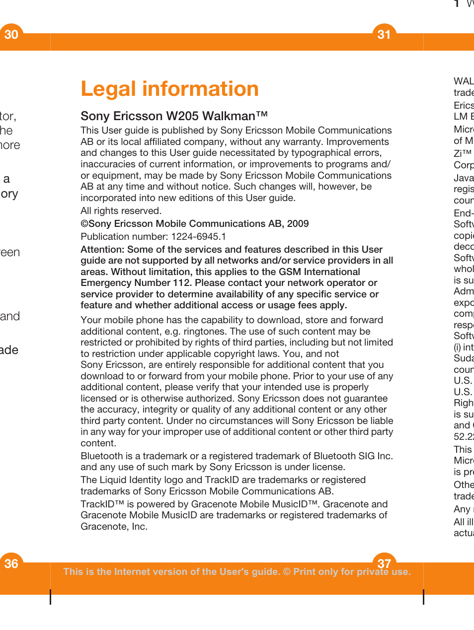 Legal information, Sony ericsson w205 walkman | Sony Ericsson WALKMAN W205 User Manual | Page 37 / 39