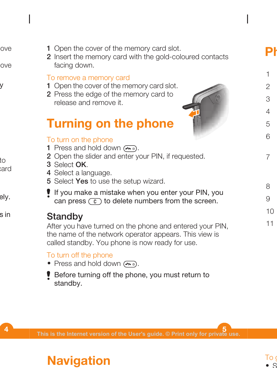 Turning on the phone, Phone overview, Navigation | Standby | Sony Ericsson WALKMAN W205 User Manual | Page 5 / 39