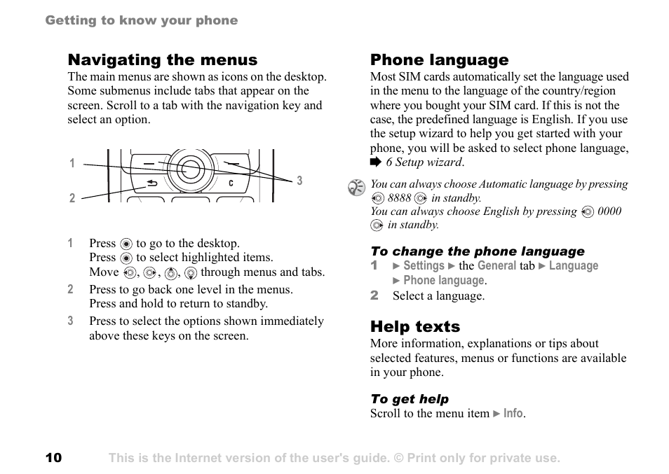 10 navigating the menus, Navigating the menus, Phone language | Help texts | Sony Ericsson K700c User Manual | Page 10 / 100