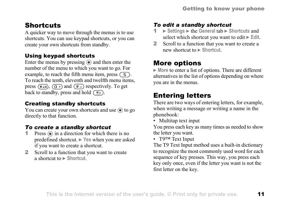 Shortcuts, More options, Entering letters | Sony Ericsson K700c User Manual | Page 11 / 100