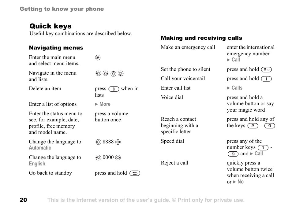 Quick keys | Sony Ericsson K700c User Manual | Page 20 / 100