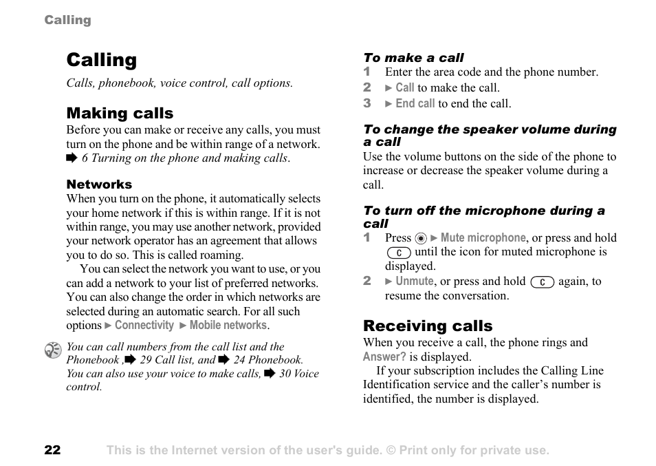 Calling, Making calls, Receiving calls | Sony Ericsson K700c User Manual | Page 22 / 100