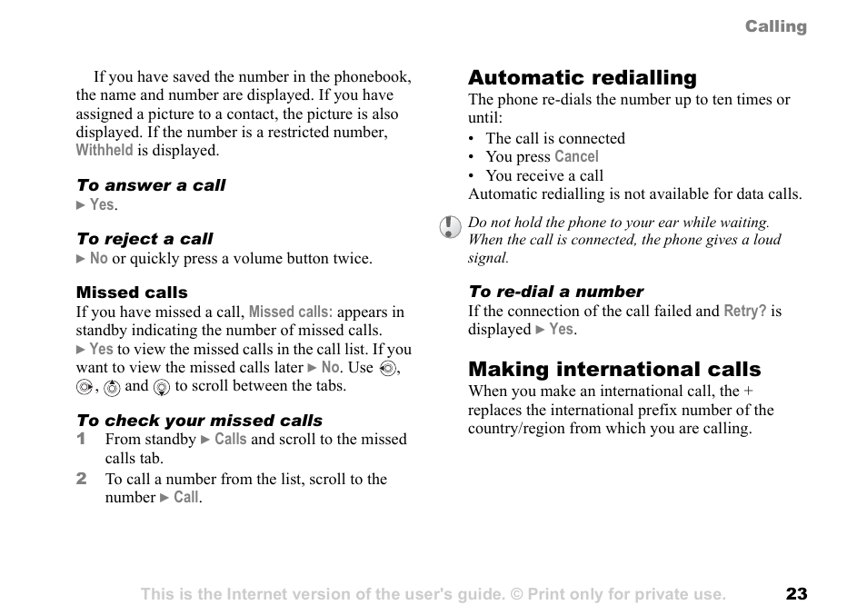 Automatic redialling, Making international calls | Sony Ericsson K700c User Manual | Page 23 / 100