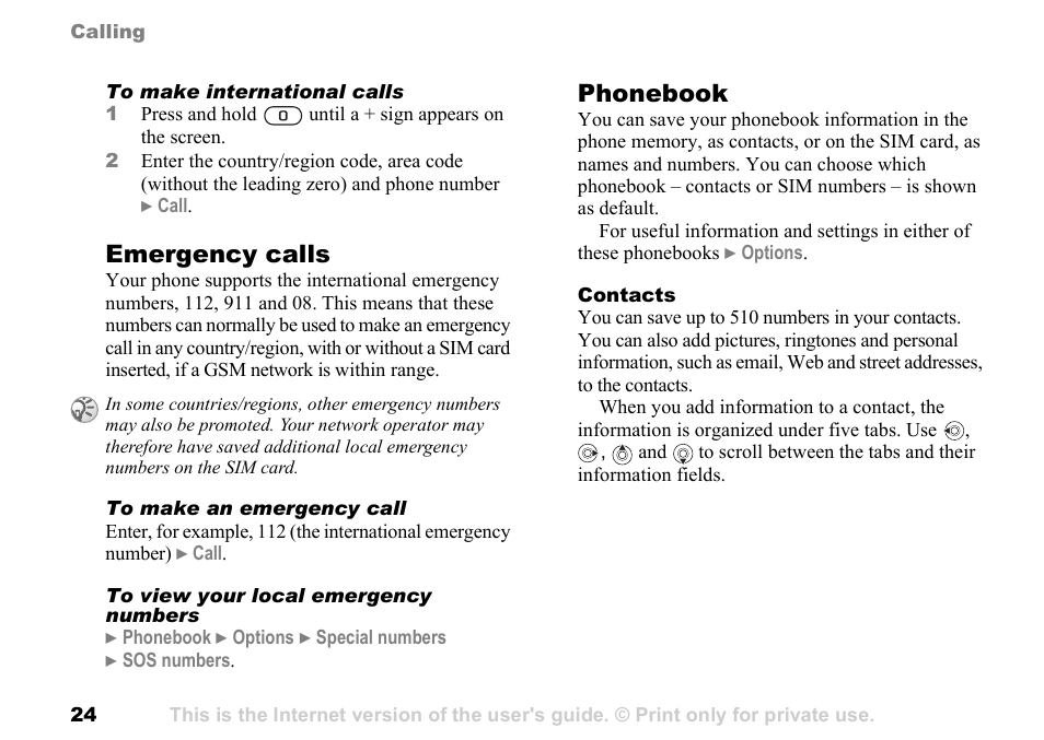 Mory, 24 phonebook, 24 emergency calls | Emergency calls, Phonebook | Sony Ericsson K700c User Manual | Page 24 / 100