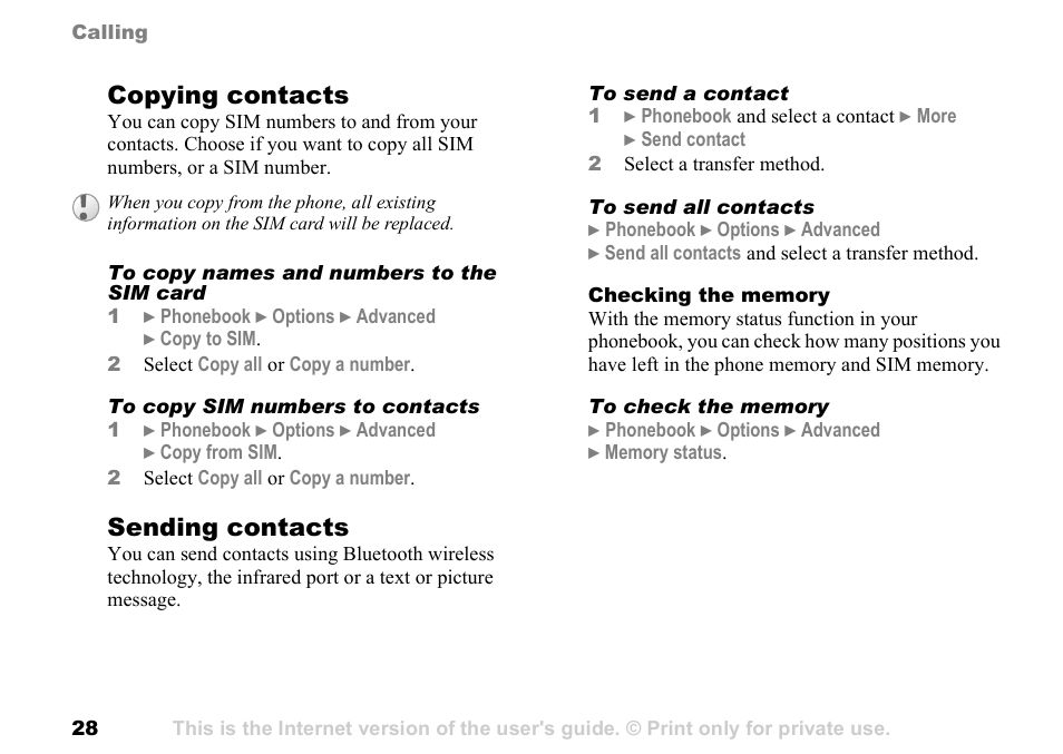 Copying contacts, Sending contacts | Sony Ericsson K700c User Manual | Page 28 / 100