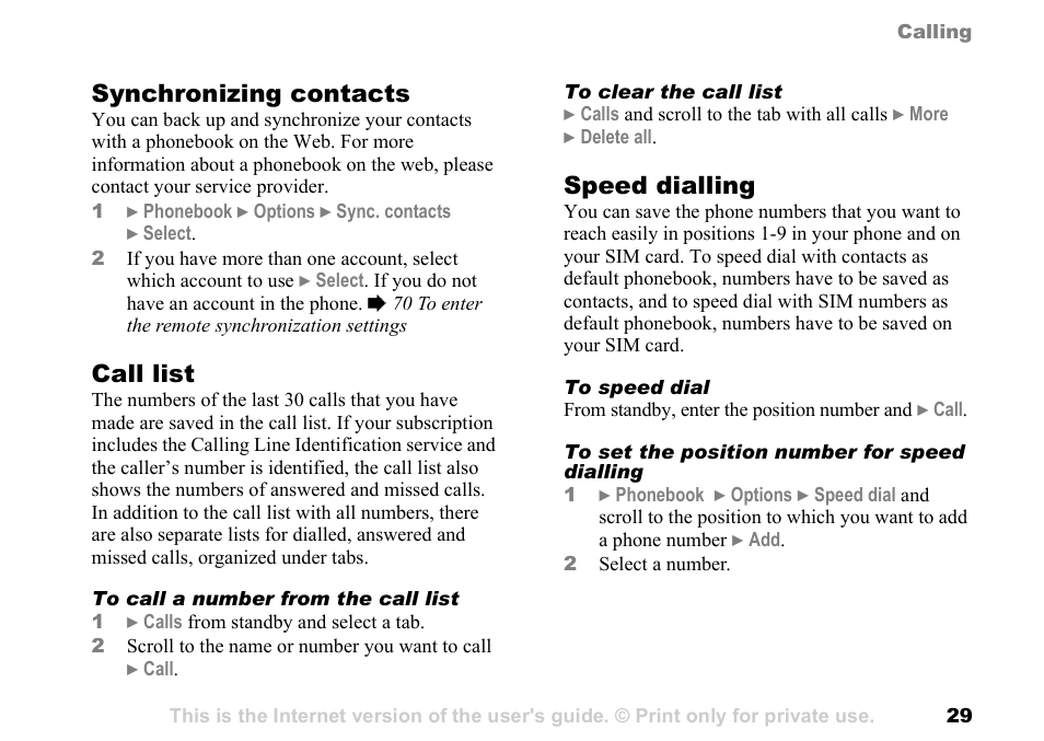 29 call list, Synchronizing contacts, Call list | Speed dialling | Sony Ericsson K700c User Manual | Page 29 / 100