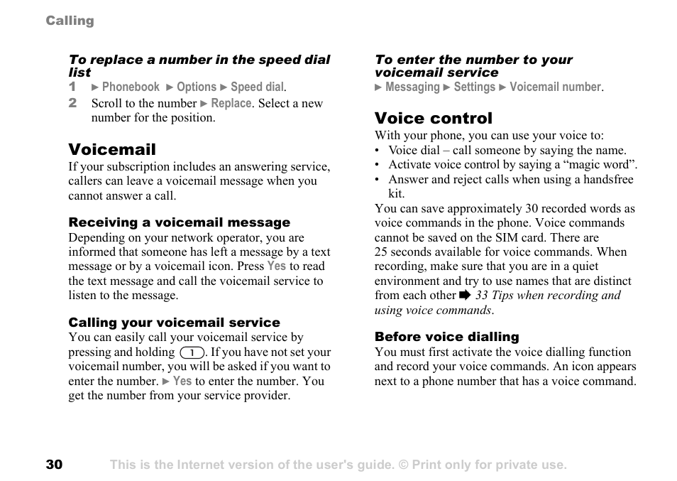 30 voice, Control, Voicemail | Voice control | Sony Ericsson K700c User Manual | Page 30 / 100