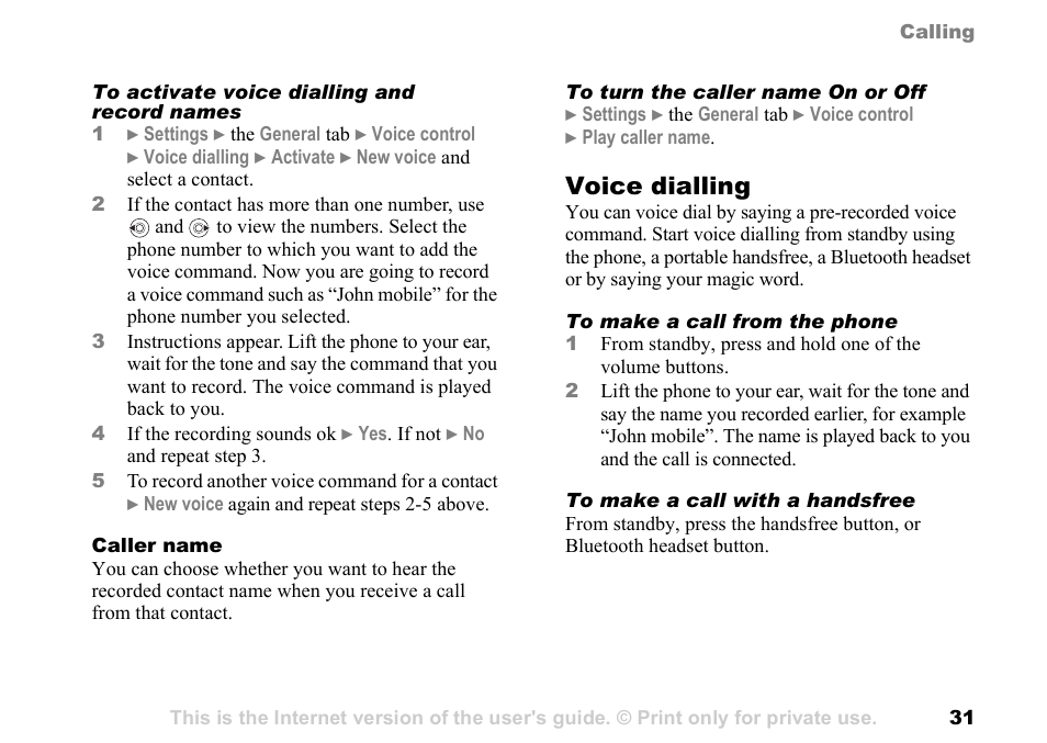 Voice dialling | Sony Ericsson K700c User Manual | Page 31 / 100