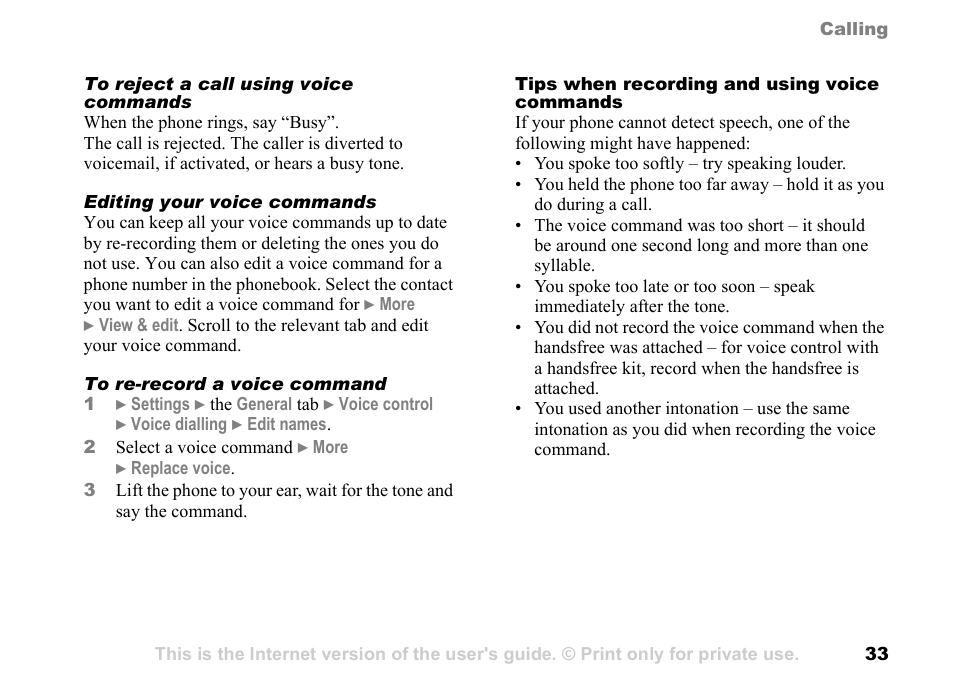 33 tips when recording and, Using voice commands | Sony Ericsson K700c User Manual | Page 33 / 100