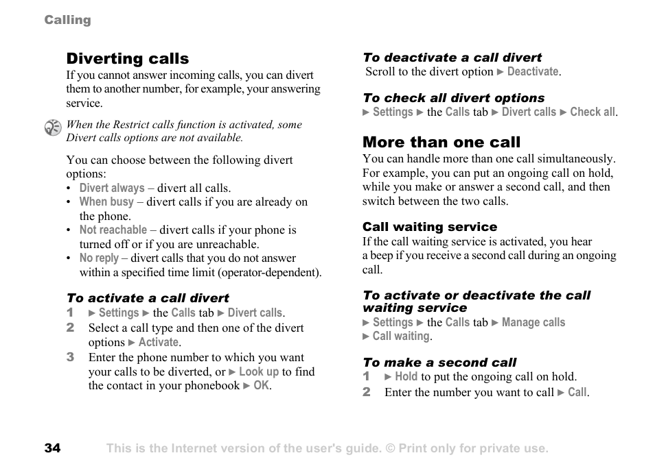 Diverting calls, More than one call | Sony Ericsson K700c User Manual | Page 34 / 100