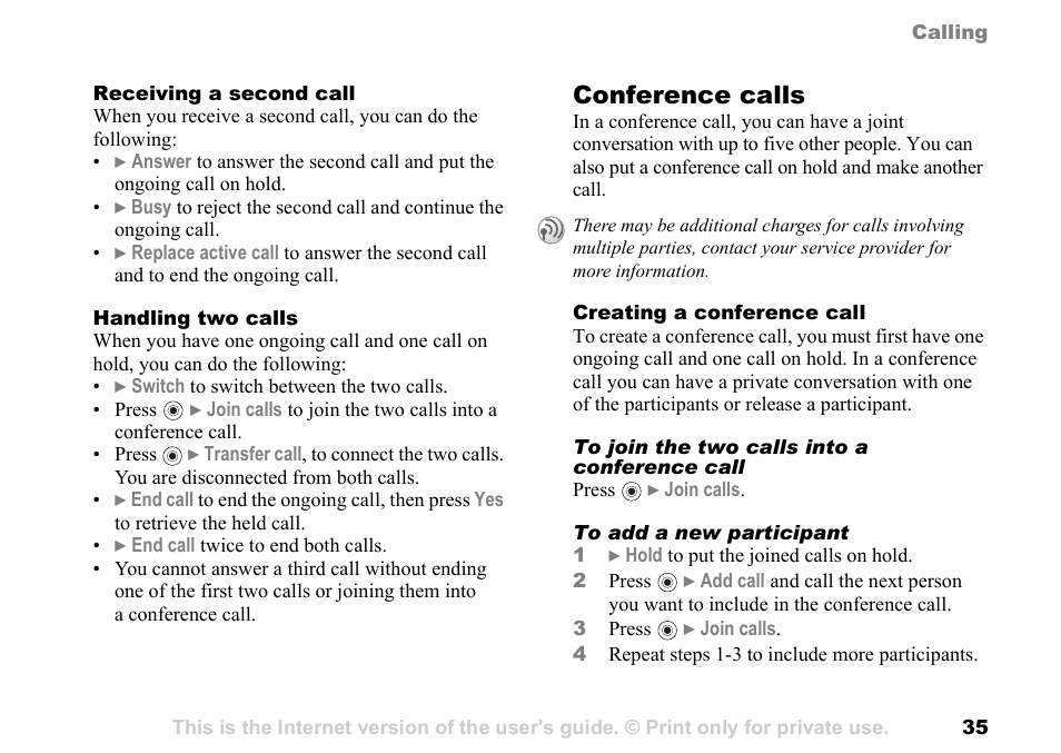 Conference calls | Sony Ericsson K700c User Manual | Page 35 / 100