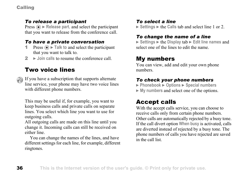 Two voice lines, My numbers, Accept calls | Sony Ericsson K700c User Manual | Page 36 / 100