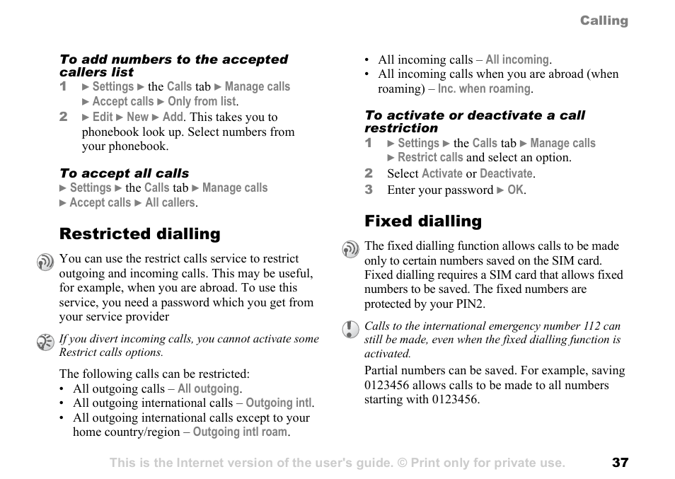 Restricted dialling, Fixed dialling | Sony Ericsson K700c User Manual | Page 37 / 100