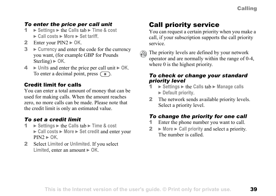 Call priority service | Sony Ericsson K700c User Manual | Page 39 / 100