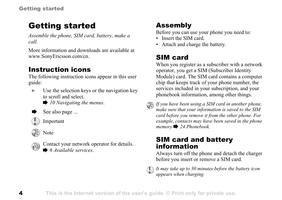Getting started | Sony Ericsson K700c User Manual | Page 4 / 100