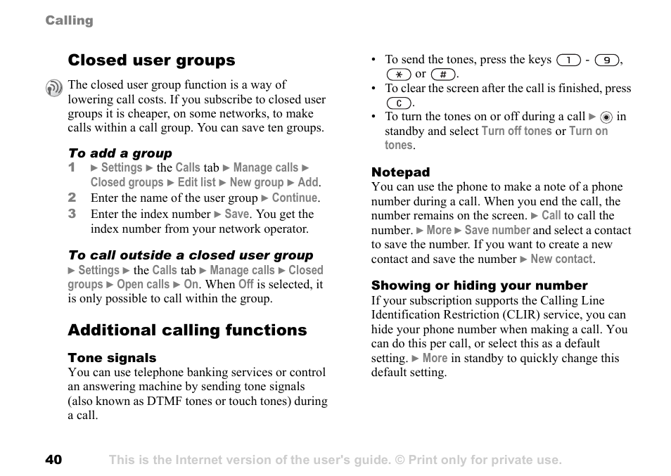 Closed user groups, Additional calling functions | Sony Ericsson K700c User Manual | Page 40 / 100