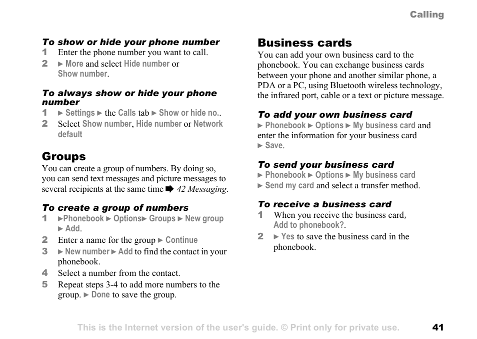 Groups, Business cards | Sony Ericsson K700c User Manual | Page 41 / 100