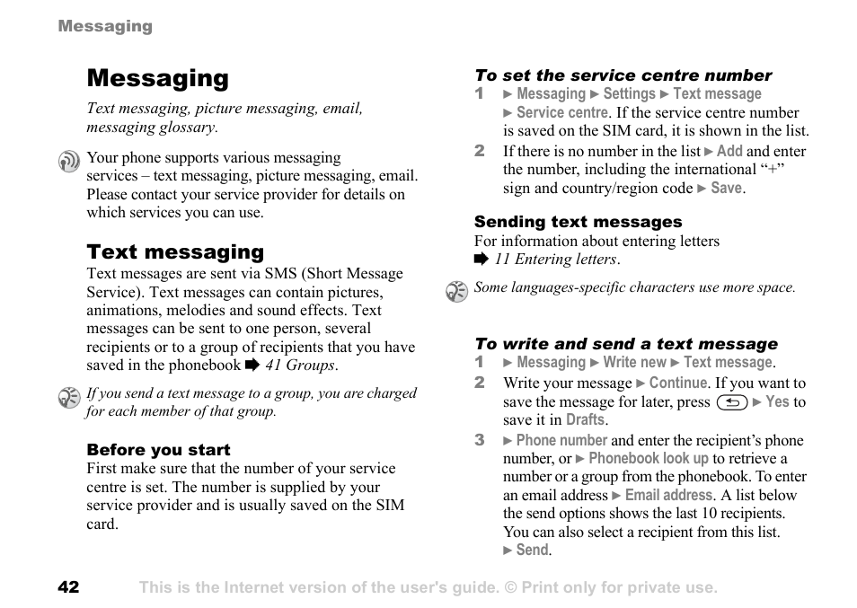 Messaging, Text messaging | Sony Ericsson K700c User Manual | Page 42 / 100