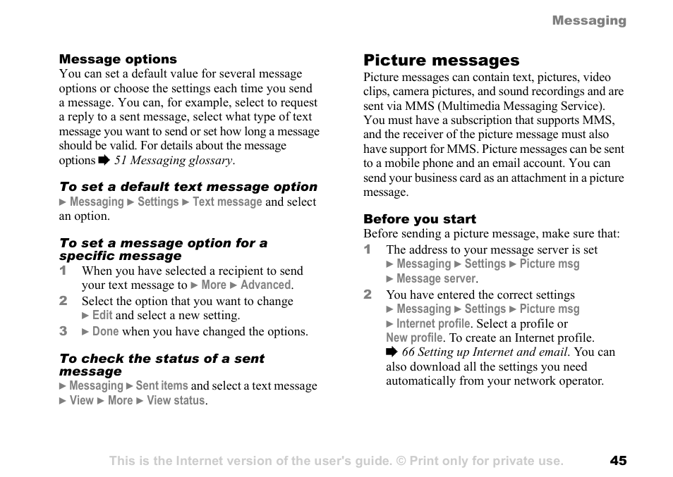 Picture messages | Sony Ericsson K700c User Manual | Page 45 / 100