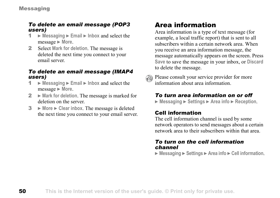 Area information | Sony Ericsson K700c User Manual | Page 50 / 100