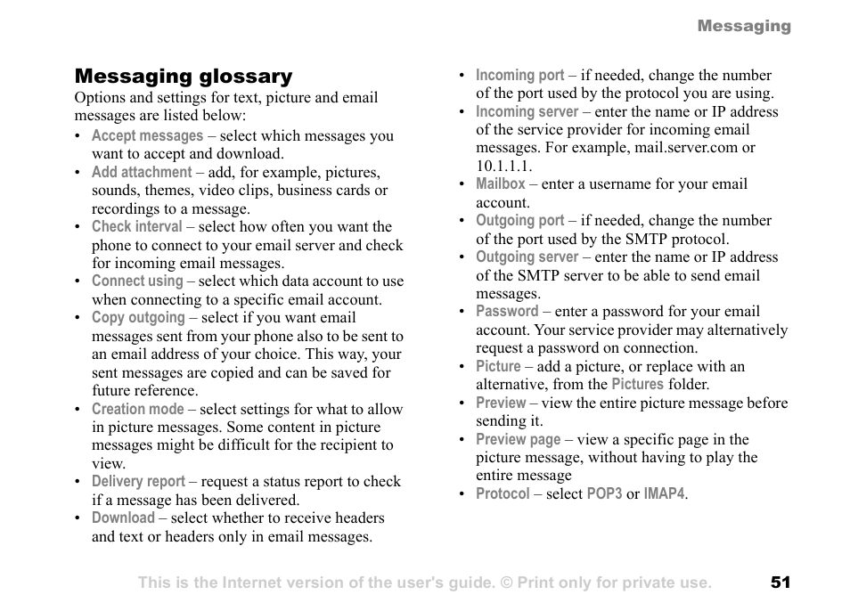 51 messaging glossary, L send options, 51 messaging | Glossary, The settings, Messaging glossary | Sony Ericsson K700c User Manual | Page 51 / 100