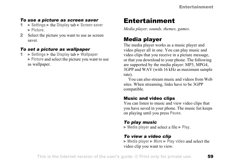 Entertainment, Entertainment media player, sounds, themes, games, Media player | Sony Ericsson K700c User Manual | Page 59 / 100