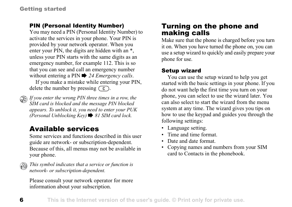 6 available services, Available services, Turning on the phone and making calls | Sony Ericsson K700c User Manual | Page 6 / 100