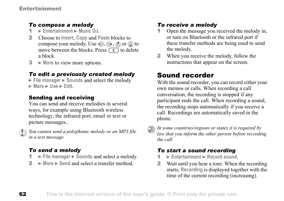 Sound recorder | Sony Ericsson K700c User Manual | Page 62 / 100