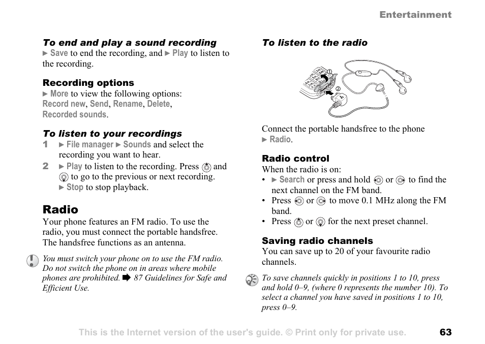 Radio | Sony Ericsson K700c User Manual | Page 63 / 100