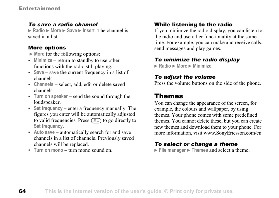 Themes | Sony Ericsson K700c User Manual | Page 64 / 100