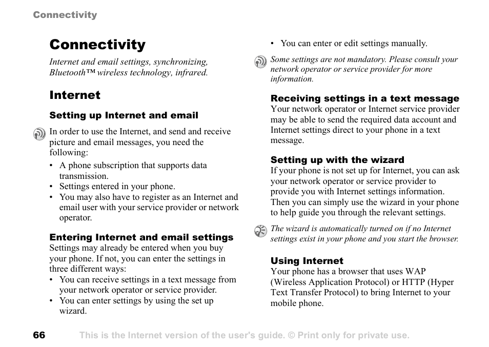 Connectivity, 66 setting up internet and email, 66 entering | Internet and email settings, Internet | Sony Ericsson K700c User Manual | Page 66 / 100