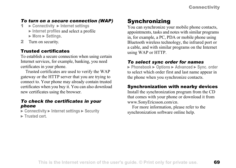 Synchronizing | Sony Ericsson K700c User Manual | Page 69 / 100