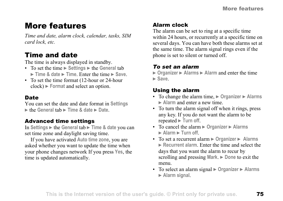 More features, Time and date | Sony Ericsson K700c User Manual | Page 75 / 100