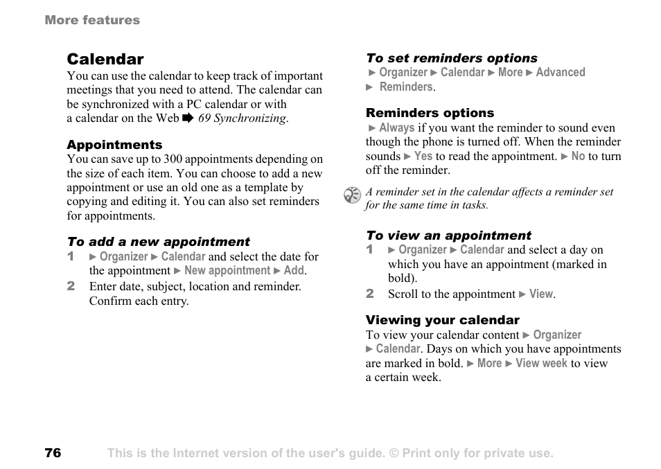 Calendar | Sony Ericsson K700c User Manual | Page 76 / 100