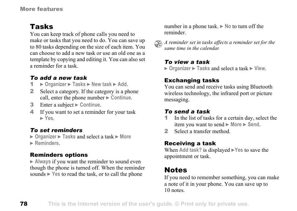 Tasks | Sony Ericsson K700c User Manual | Page 78 / 100