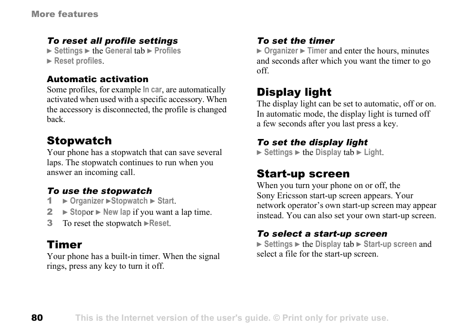 Stopwatch, Timer, Display light | Start-up screen | Sony Ericsson K700c User Manual | Page 80 / 100