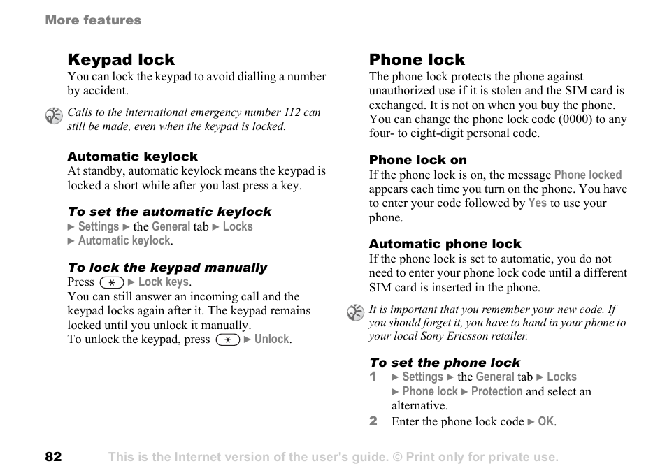 Keypad lock, Phone lock | Sony Ericsson K700c User Manual | Page 82 / 100