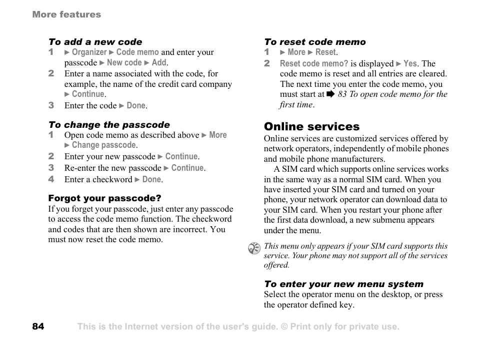 Online services | Sony Ericsson K700c User Manual | Page 84 / 100